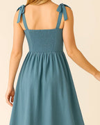 Elise Dusky Blue Cotton Midi Dress | Summer Dress with Smocked Back & Pockets