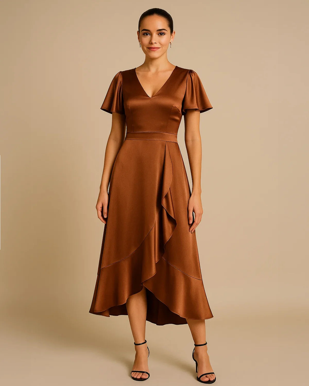 Isla Satin Midi Dress in Bronze | Recycled Fabric Flutter Sleeve Occasion Dress