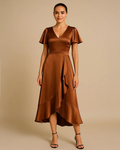 Isla Satin Midi Dress in Bronze | Recycled Fabric Flutter Sleeve Occasion Dress