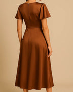 Isla Satin Midi Dress in Bronze | Recycled Fabric Flutter Sleeve Occasion Dress