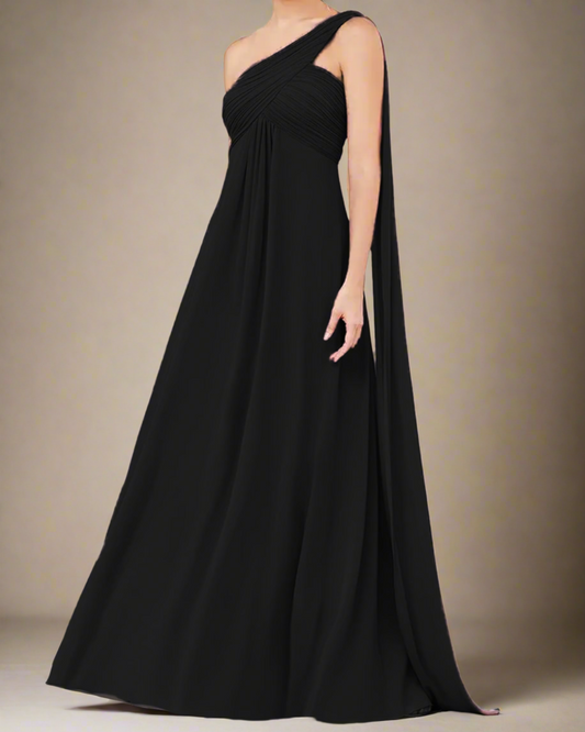 ADKN Saraya Long Bridesmaid Dress with One Shoulder Cape XS / Jet Black