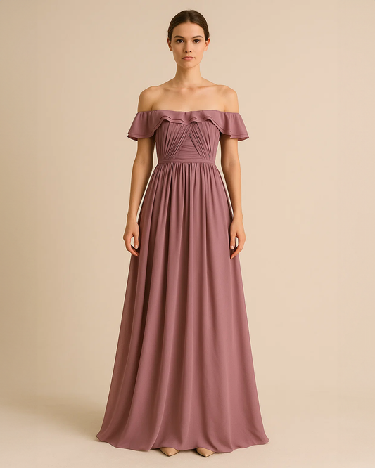 Delina Off-shoulder long dress in mauve blush pink, crafted from recycled polyester chiffon. Vegan, ethical fashion for wedding parties. Ethically made by ADKN in London