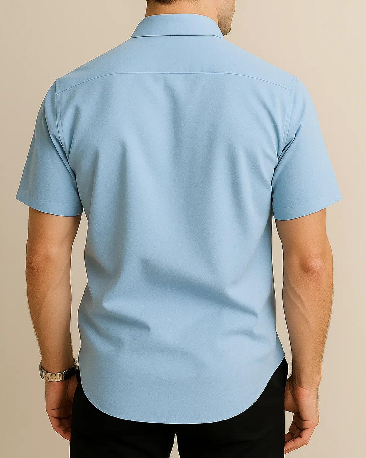 Back view of sky blue bamboo shirt – Elston Breeze short sleeve men’s shirt for warm weather