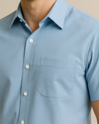 Close-up texture of sky blue bamboo blend – lightweight and sustainable weave