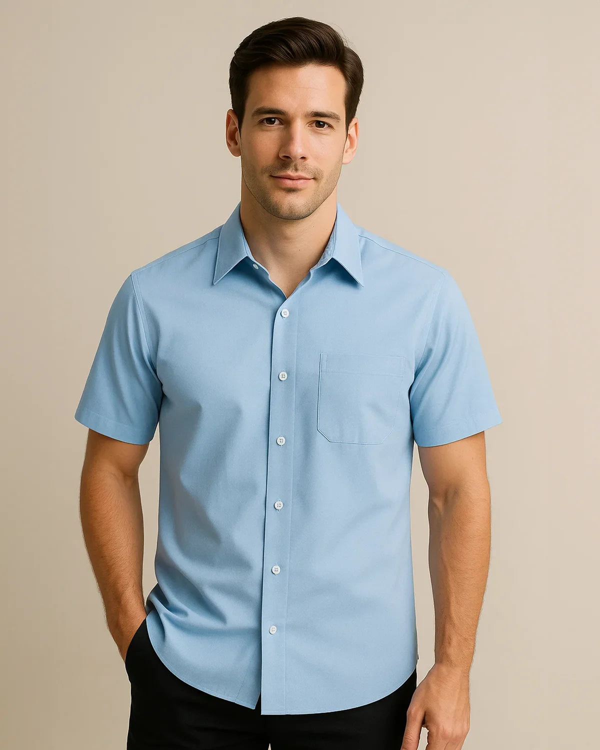 Light blue men’s short sleeve bamboo shirt – breathable and eco-friendly sky tone shirt from ADKN
