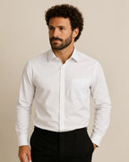 Front-facing white Elston Classic shirt – timeless men’s bamboo dress shirt