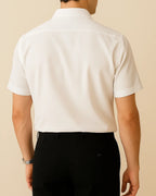 Rear view of men’s white sustainable shirt – Elston Classic short sleeve breathable design