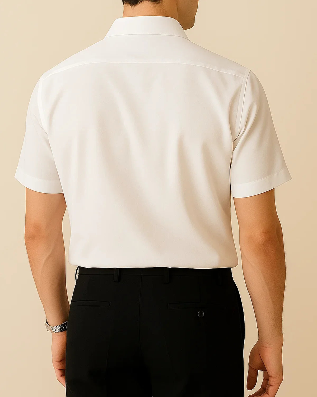 Rear view of men’s white sustainable shirt – Elston Classic short sleeve breathable design