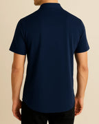 Rear view of men’s navy bamboo shirt – short sleeve eco design from ADKN