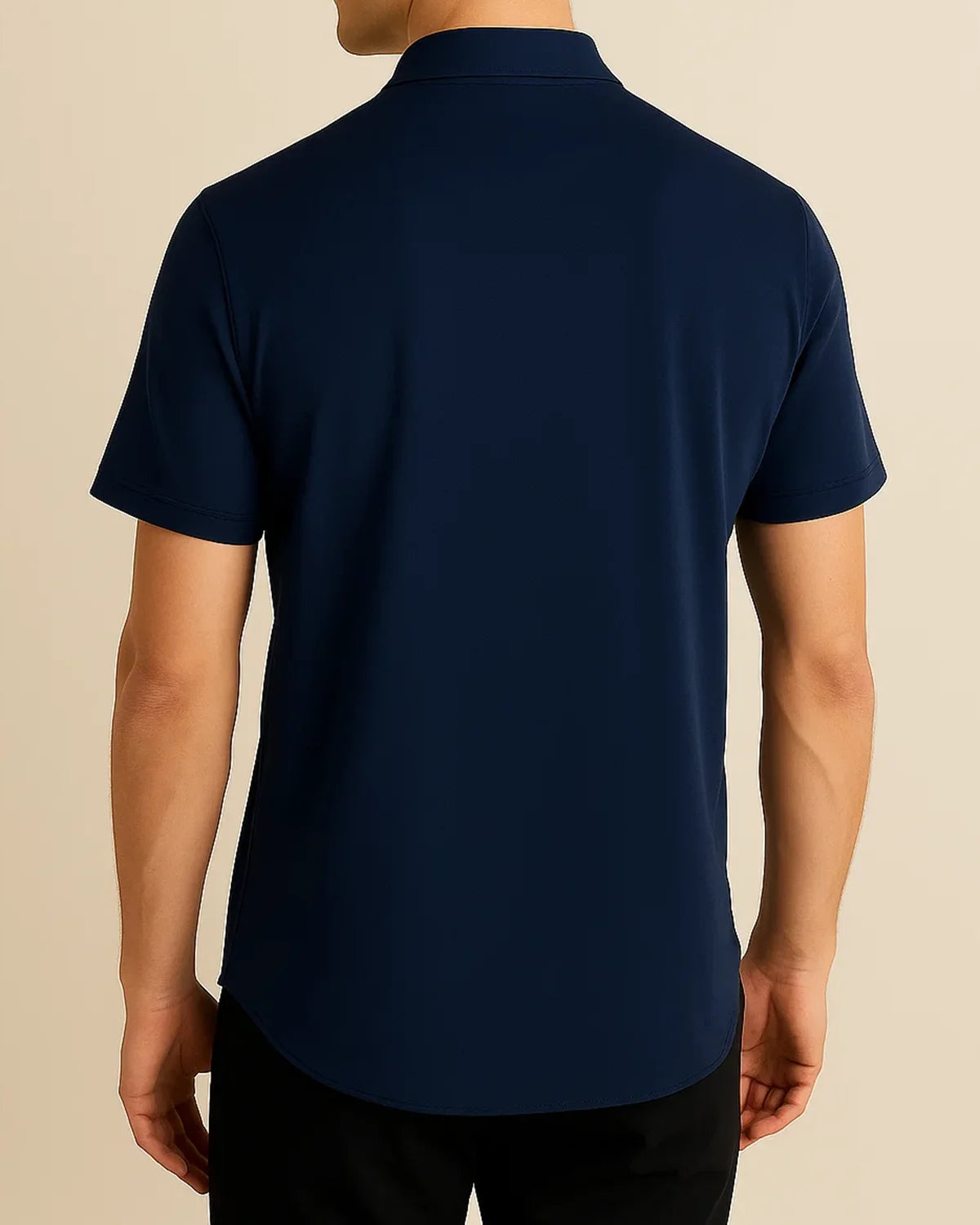 Rear view of men’s navy bamboo shirt – short sleeve eco design from ADKN