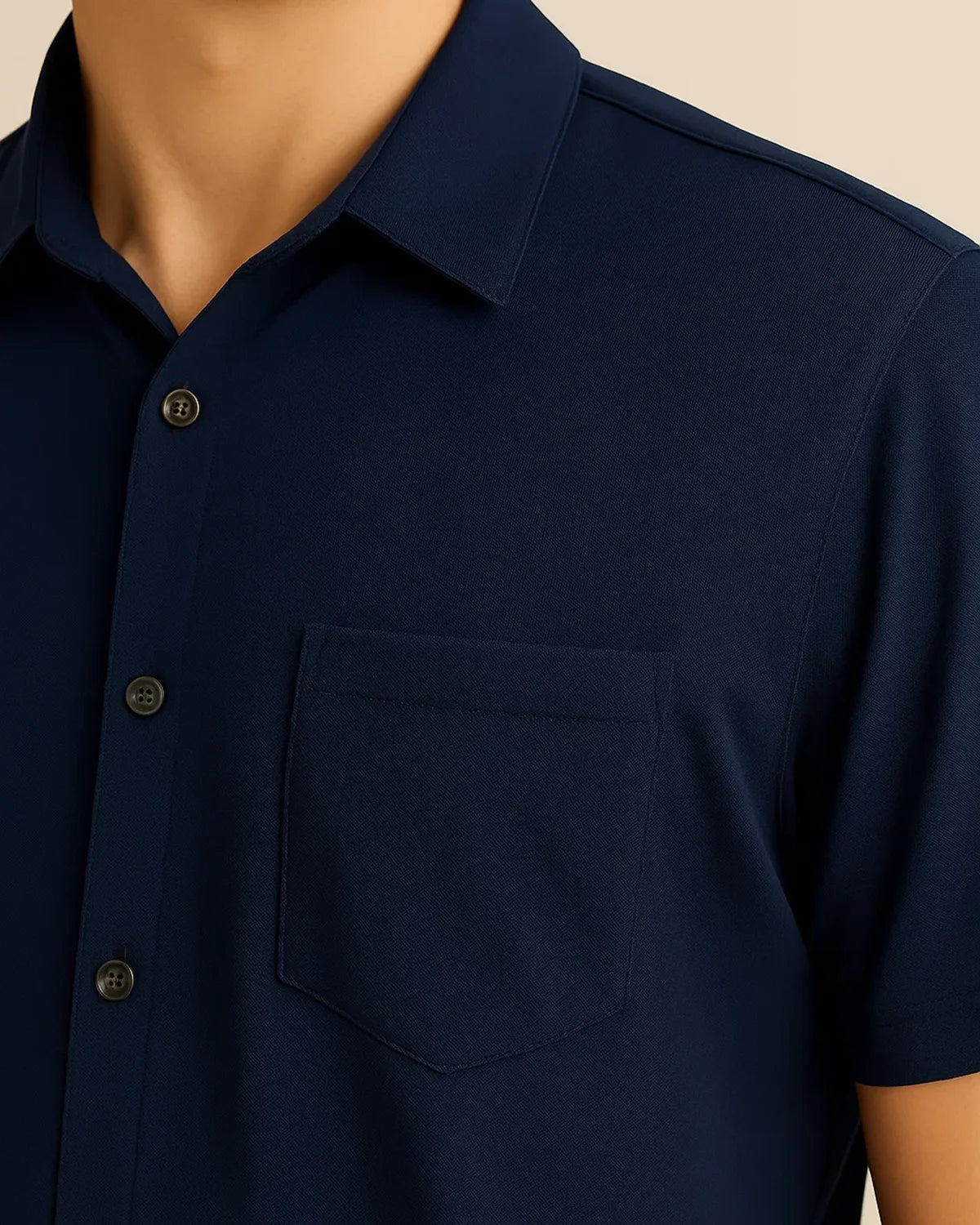 Detailed fabric view of navy bamboo shirt – breathable blend with polished finish