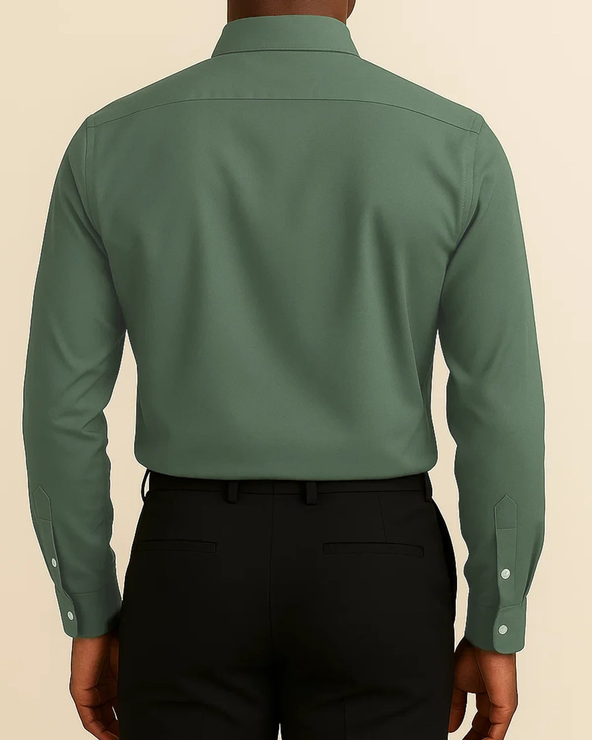 Back view of olive green bamboo shirt – Elston Earthtone men’s eco-friendly long sleeve shirt