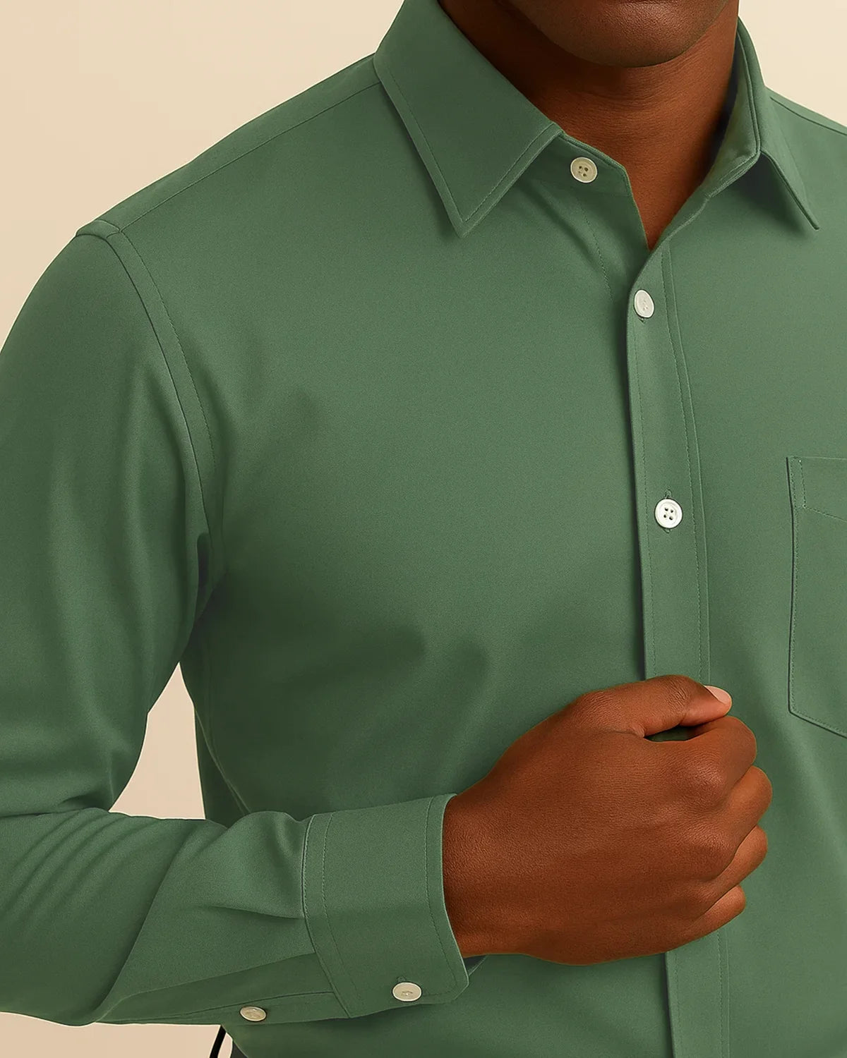 Close-up detail of olive green bamboo-viscose fabric – breathable texture and sustainable stitching