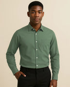 Man wearing olive green Elston Earthtone bamboo blend shirt – sustainable men’s front view