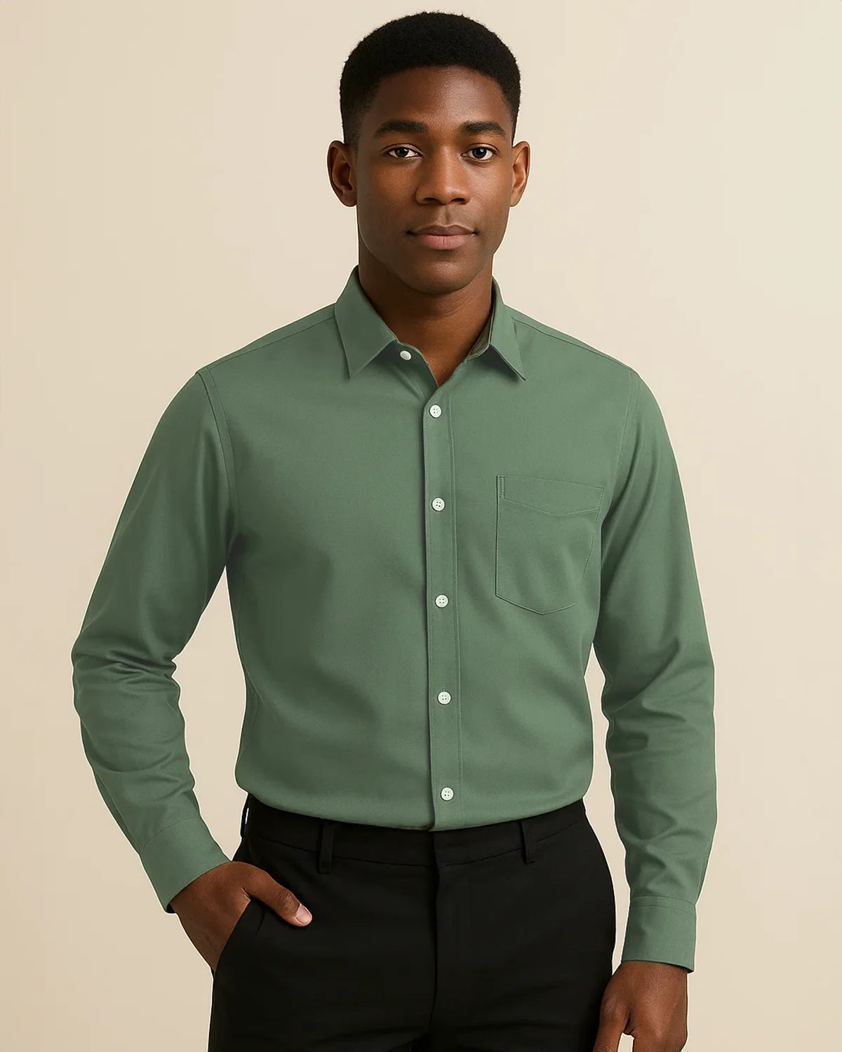 Man wearing olive green Elston Earthtone bamboo blend shirt – sustainable men’s front view
