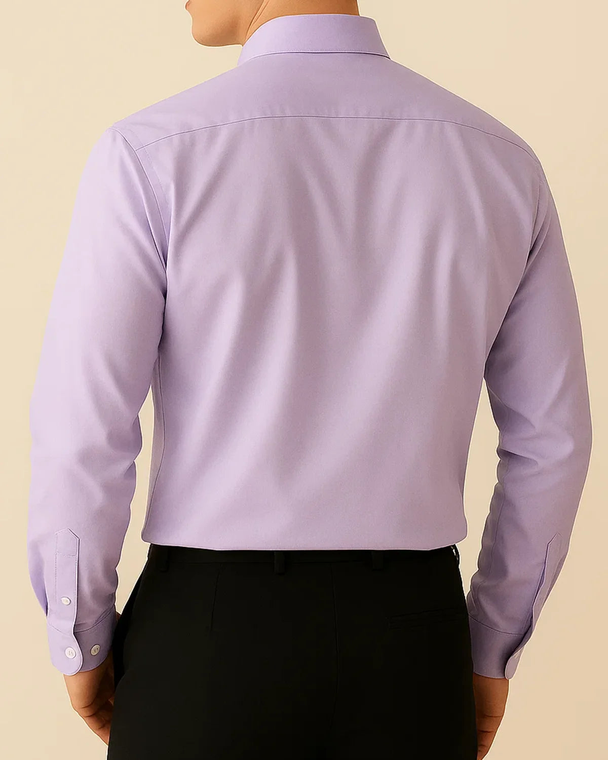 Rear view of lilac men’s sustainable shirt – Elston Lavender with natural drape and clean finish