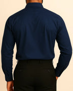 Rear view of navy bamboo blend shirt – men’s Elston Midnight ethical shirt from ADKN
