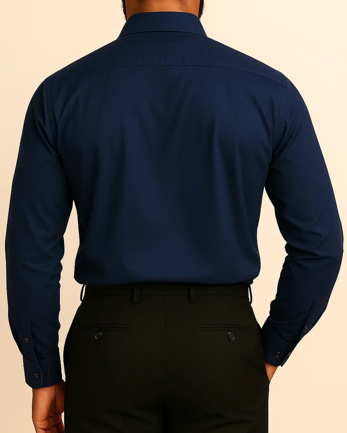 Rear view of navy bamboo blend shirt – men’s Elston Midnight ethical shirt from ADKN