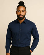 Navy blue bamboo blend shirt for men – Elston Midnight long sleeve sustainable shirt styled for office wear