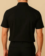 Rear view of black short sleeve shirt for men – sustainable and minimal smart casual design
