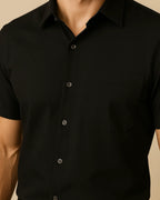 Fabric detail of black bamboo shirt – recycled blend with premium finish