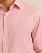 Fabric detail of dusty pink shirt – recycled and bamboo fibres with sustainable finish