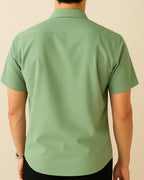 Back of sage green short sleeve shirt – Elston Sage sustainable smart casual style