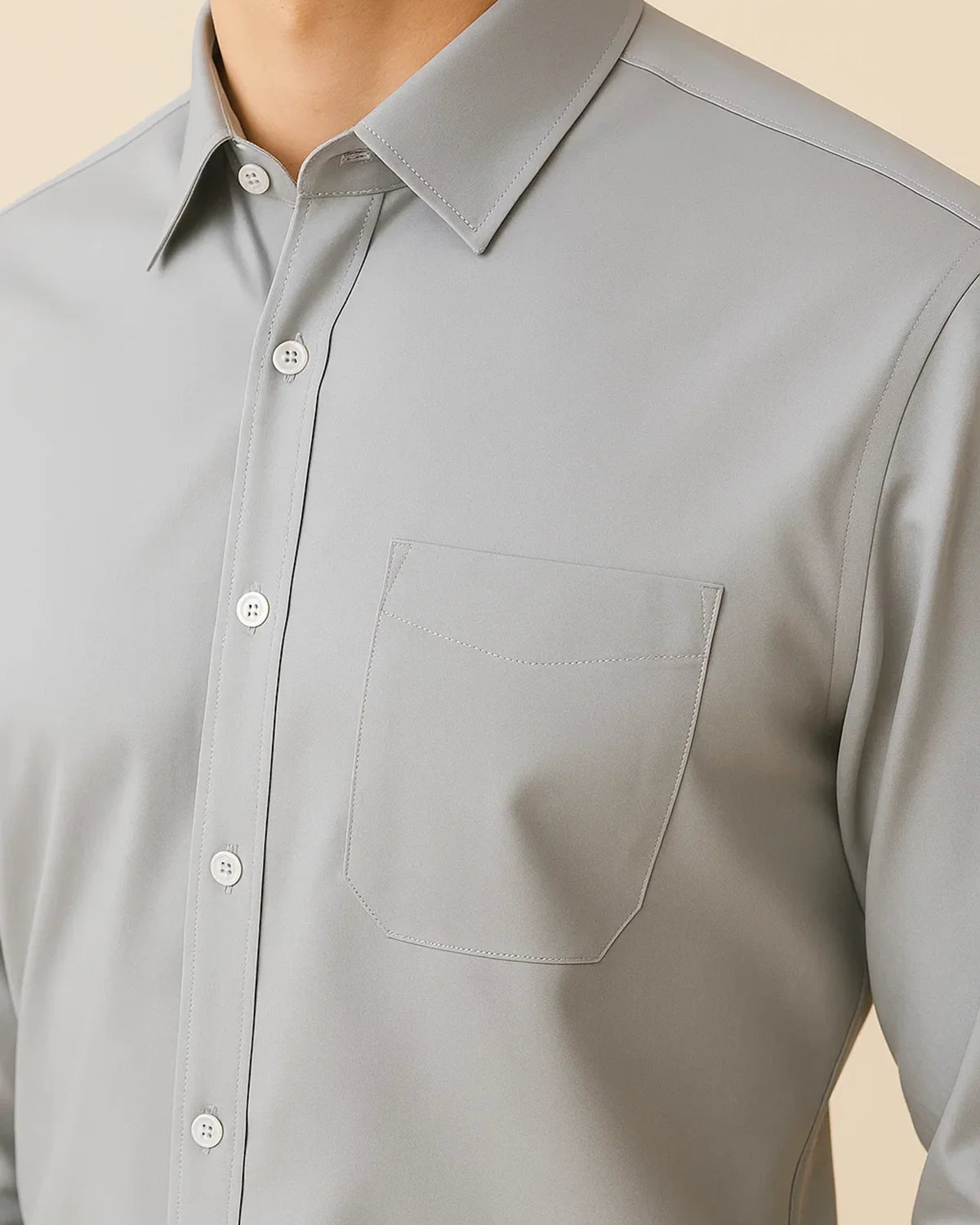 Zoomed-in texture of grey bamboo shirt – breathable and wrinkle-resistant sustainable fabric