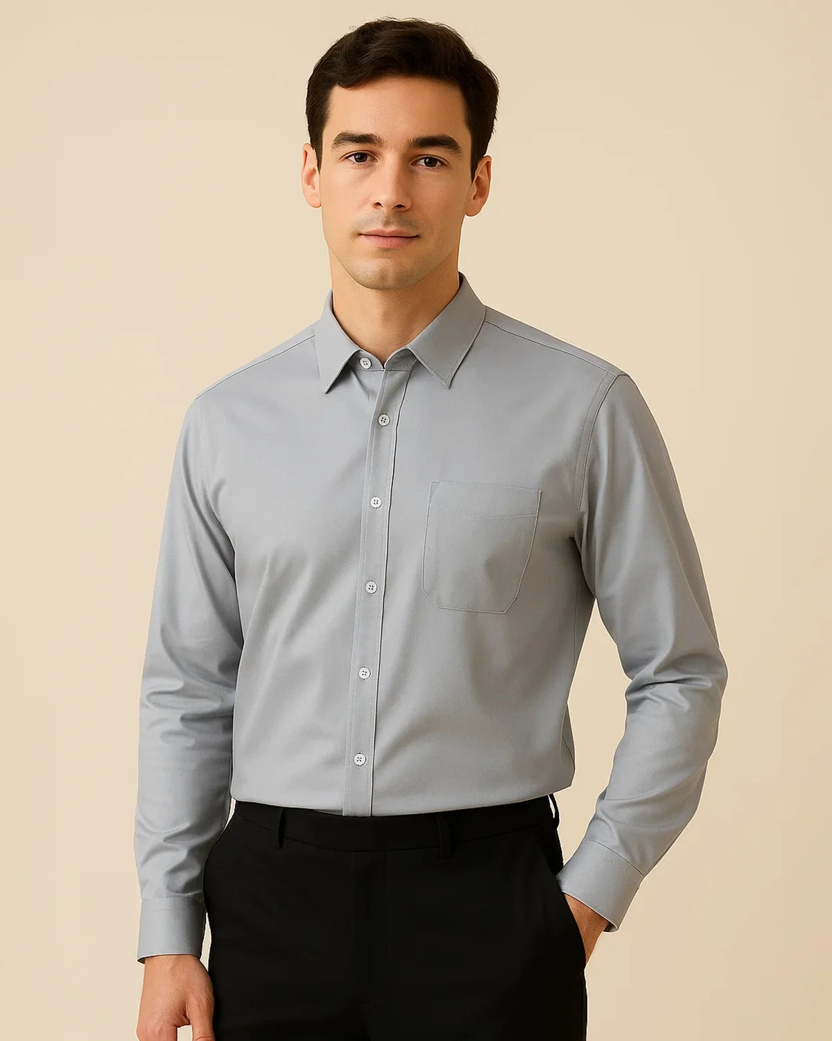 Front-facing grey Elston Slate shirt – minimalist bamboo-viscose shirt for men