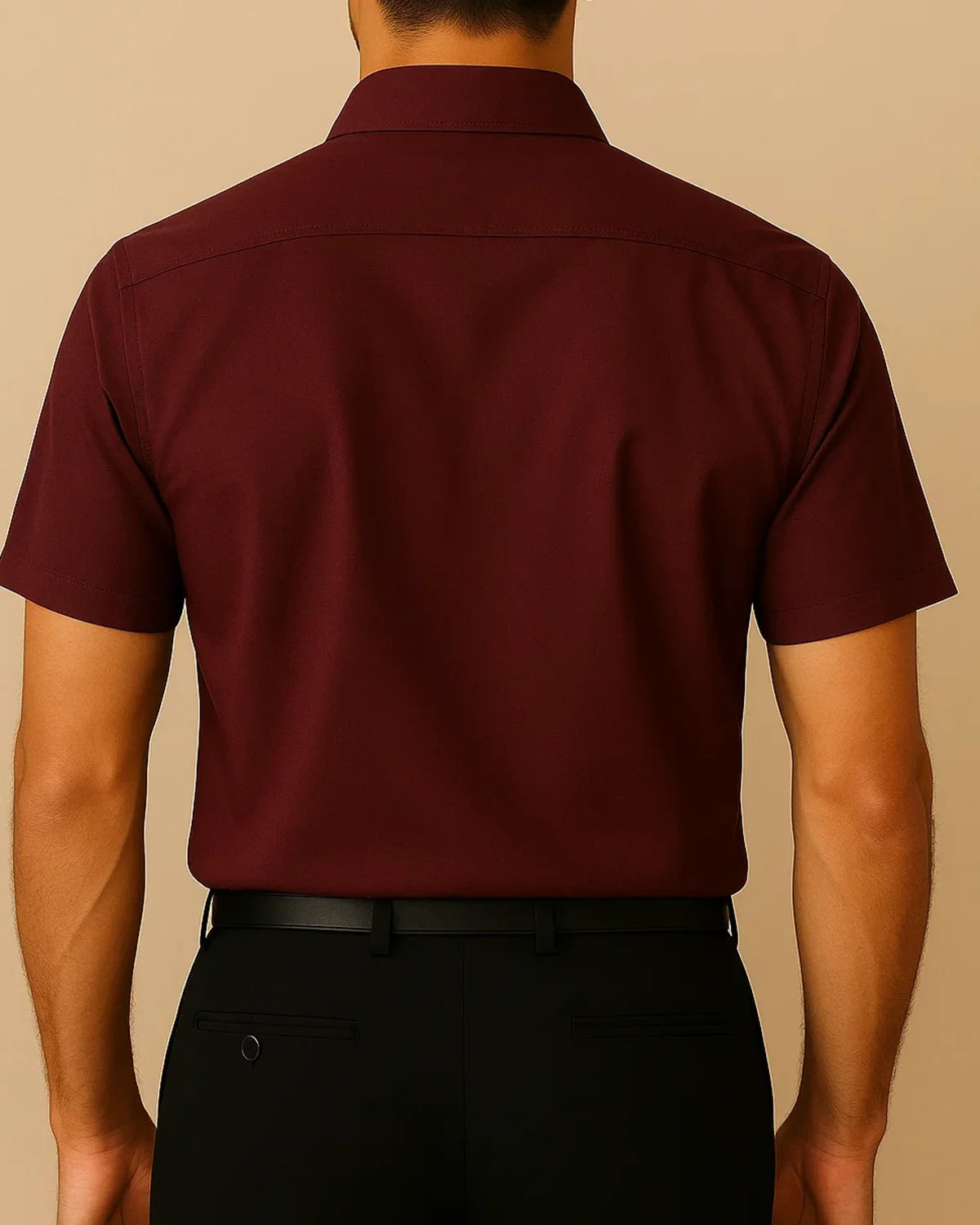 Back view of men’s burgundy short sleeve bamboo shirt – Elston Wine sustainable smart shirt