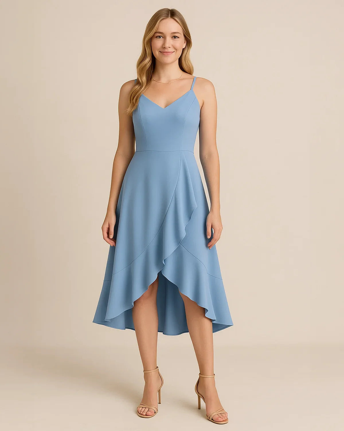 Front view of Elysian ruffle midi dress in pastel blue made from recycled polyester. Designed by ADKN