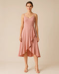 Front view of the Elysian ruffle midi dress in pastel pink made from recycled polyester designed by ADKN.