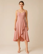 Front view of the Elysian ruffle midi dress in pastel pink made from recycled polyester designed by ADKN.