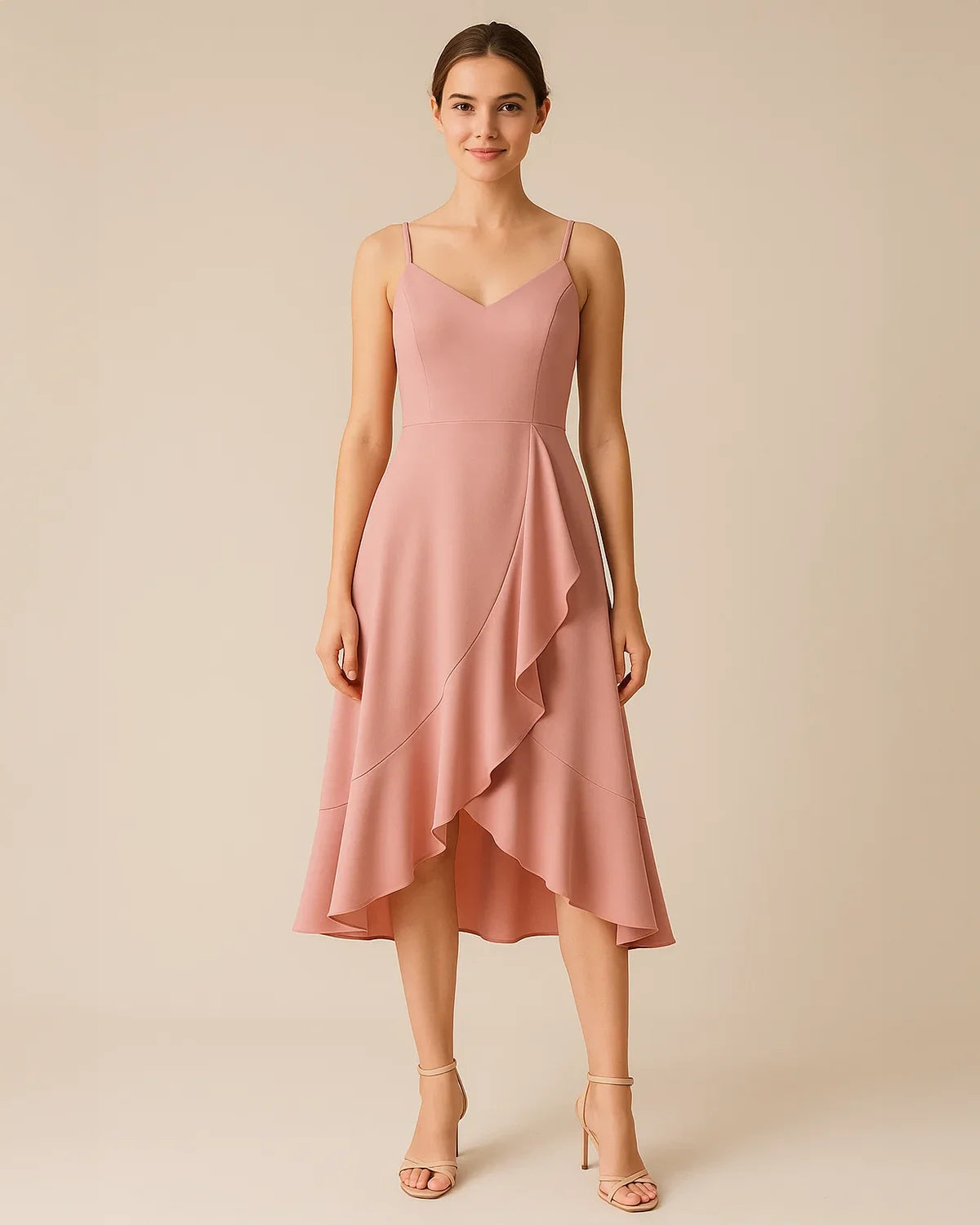 Front view of the Elysian ruffle midi dress in pastel pink made from recycled polyester designed by ADKN.