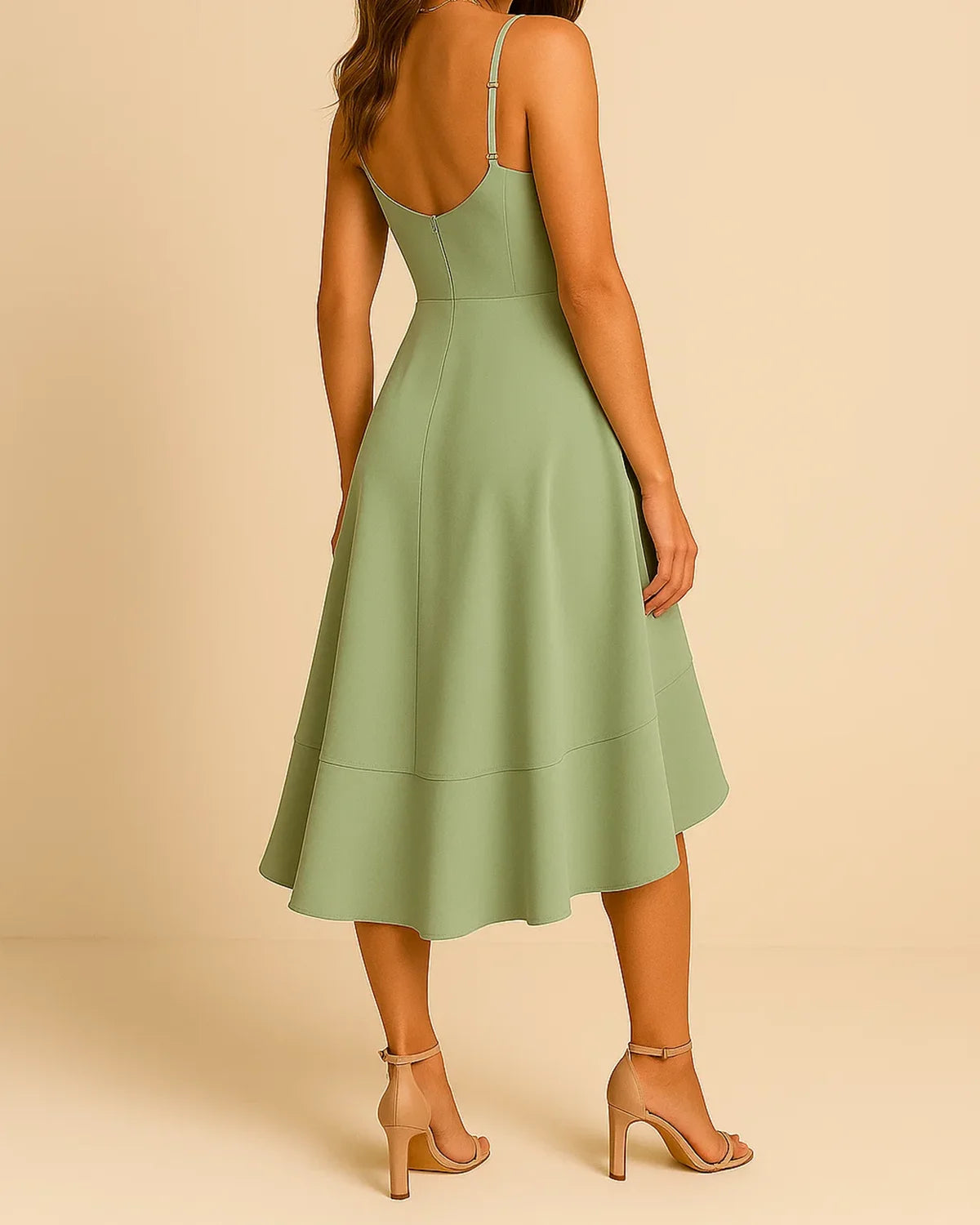 Back design of ADKN’s sustainable ruffle midi dress in sage green recycled fabric.