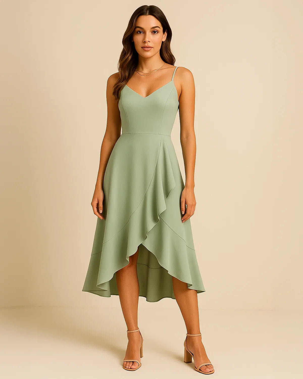 Front view of Elysian ruffle midi dress in sage green made from recycled polyester. Designed by ADKN