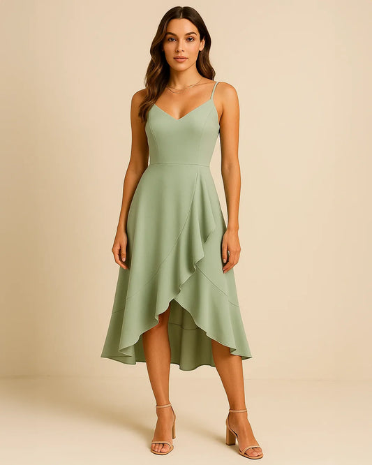 Front view of Elysian ruffle midi dress in sage green made from recycled polyester. Designed by ADKN