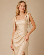Chelle Champagne Satin Maxi Dress with Detachable Bows | Recycled Satin Dress