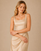 Chelle Champagne Satin Maxi Dress with Detachable Bows | Recycled Satin Dress
