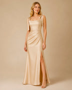 Chelle Champagne Satin Maxi Dress with Detachable Bows | Recycled Satin Dress