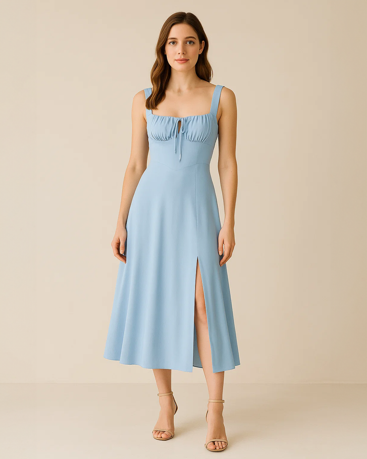 The Heidi corset milkmaid midi dress in pastel blue, made from sustainable recycled polyester. Shown from the front view. Ethically made in London by ADKN