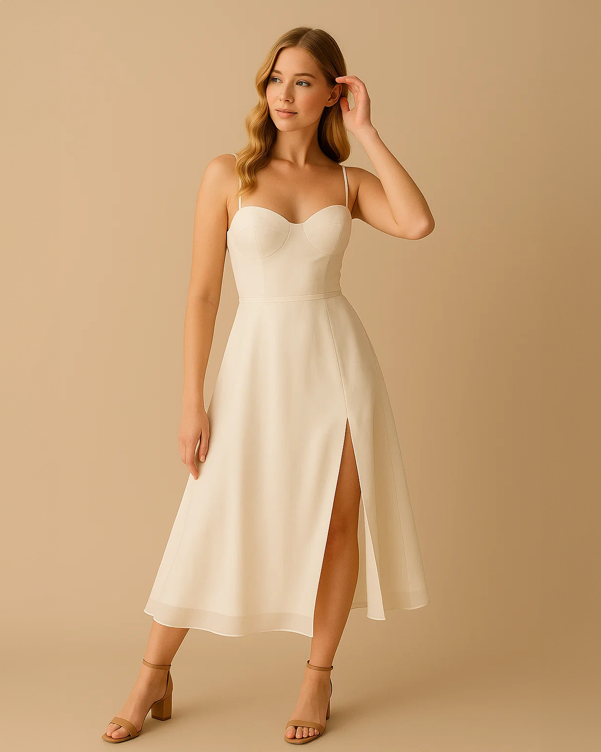 Model wearing the Lily Strappy Sustainable Midi Dress in white, with side slit and sweetheart neckline. Sustainable, vegan, and ethically produced.