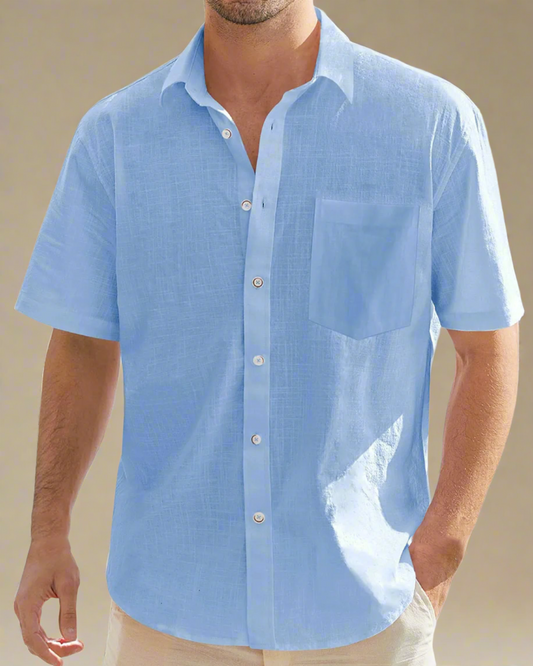 men-button-down-blue-short-sleeve-shirt-cotton-linen-blend-1