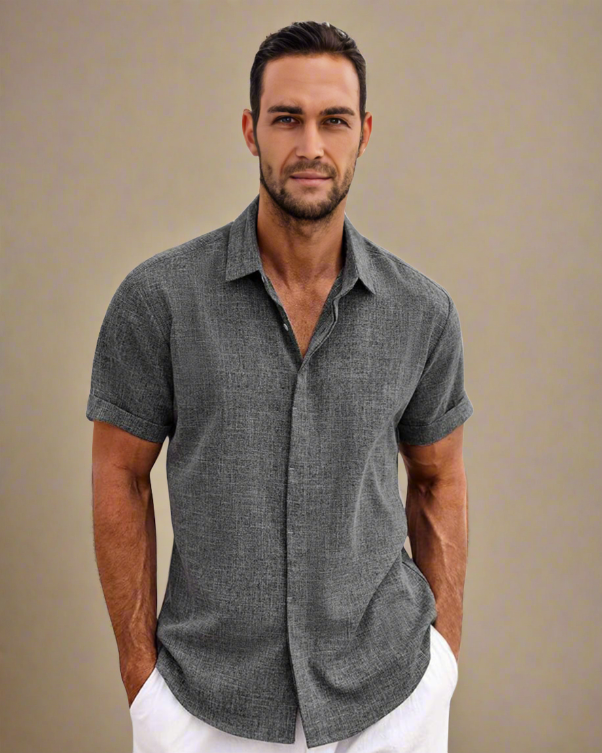 ADKN Men Grey Rayon and Linen Short Sleeve Shirt