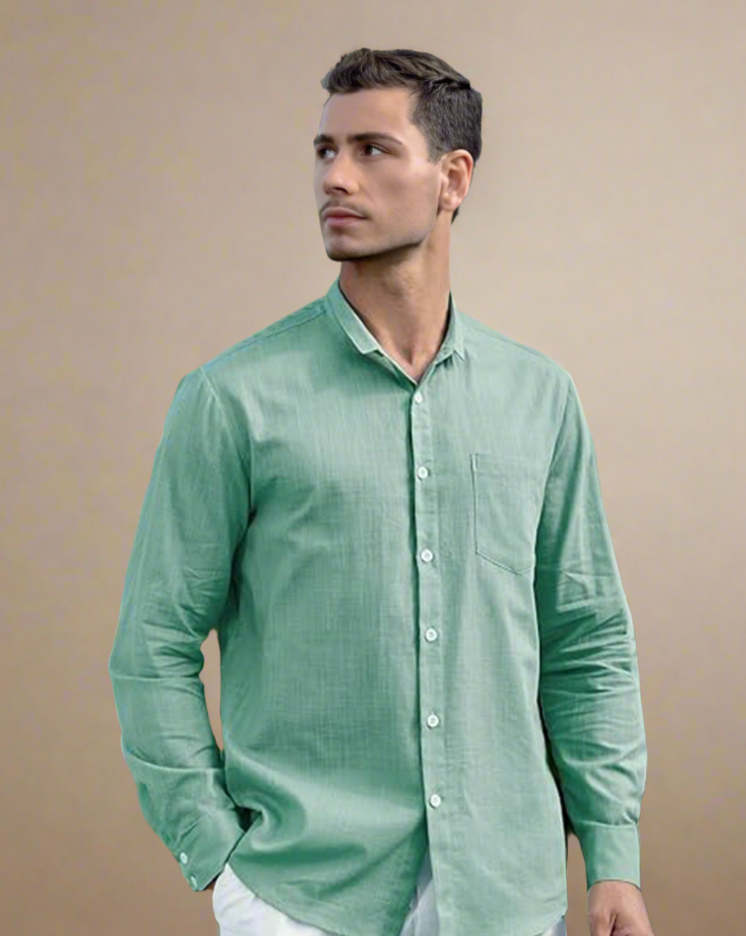 ADKN Men Long Sleeve Sage Green Linen Shirt