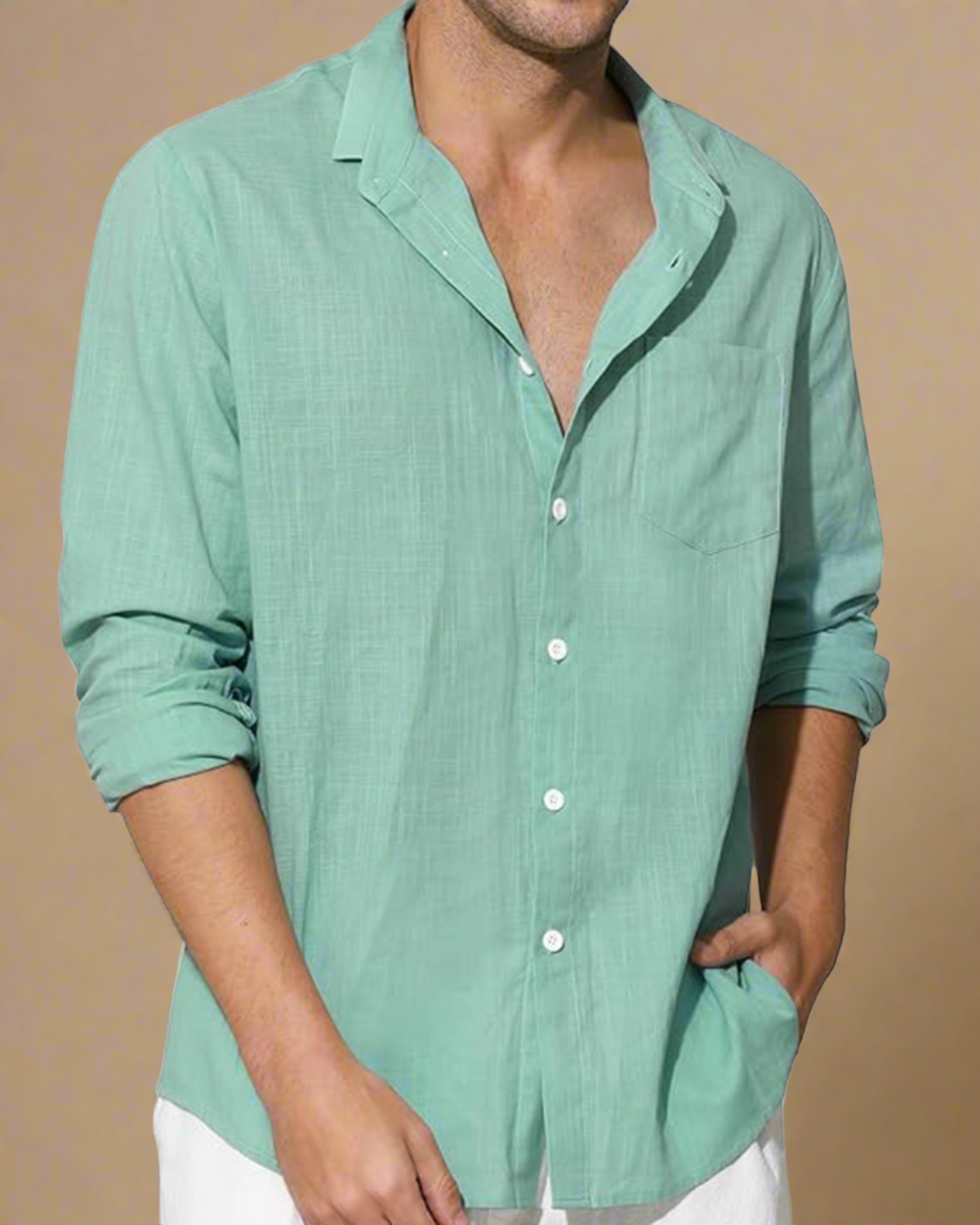 ADKN Men Long Sleeve Sage Green Linen Shirt