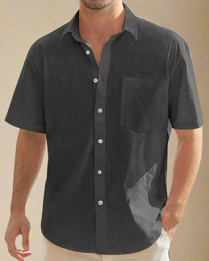 ADKN Men Short Sleeve Black Cotton and Linen Blend Shirt