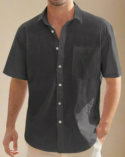men-short-sleeve-black-cotton-and-linen-blend-shirt-1