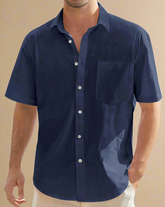 men-short-sleeve-navy-shirt-with-buttons-cotton-linen-blend-0