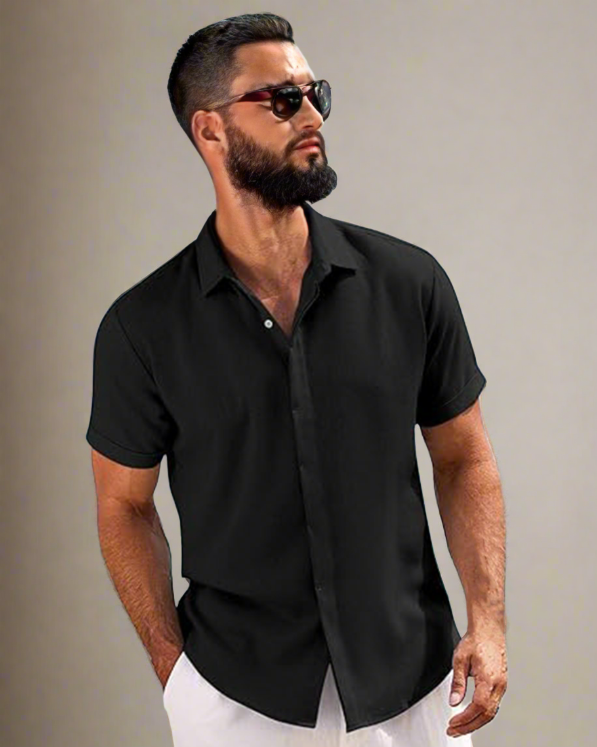 ADKN Men Black Short Sleeve Linen Shirt